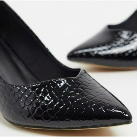 ASOS Design Women's Black Mock Croc Faux Leather Block Heel Court Shoes Size 7 - Picture 3 of 13